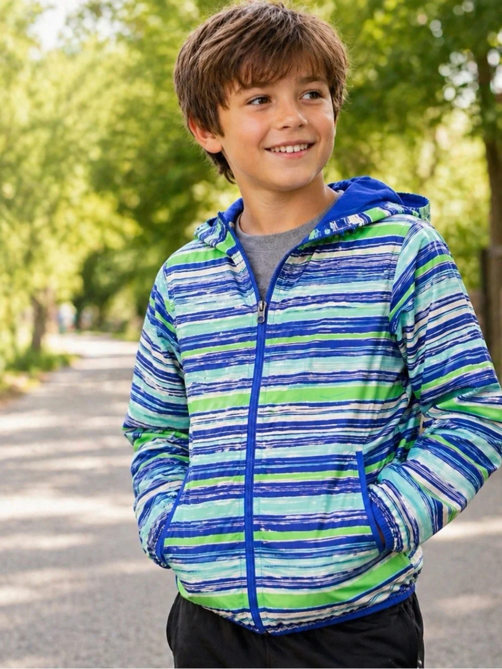 Columbia Kids Omni-Wick Hooded Jacket Size M Blue Green Striped Lightweight